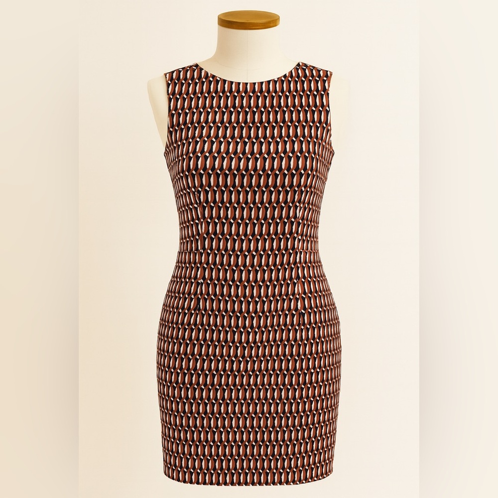 Boden Brown, White, Gold Sheath Dress Sleeveless Mock Neck, Size 10P.
